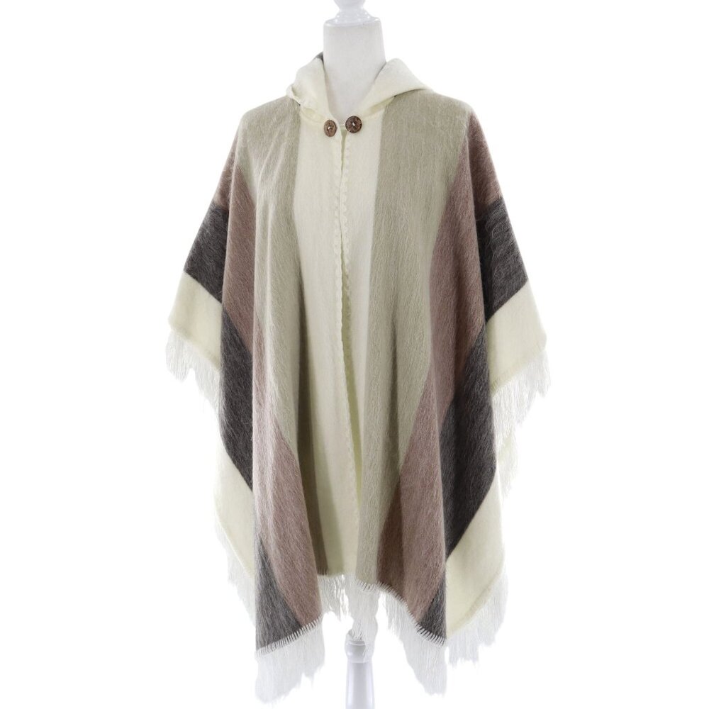 Inti‎ Raimi Alpaca Poncho Womens One Size Beige Gray Striped Hooded Fuzzy Soft
